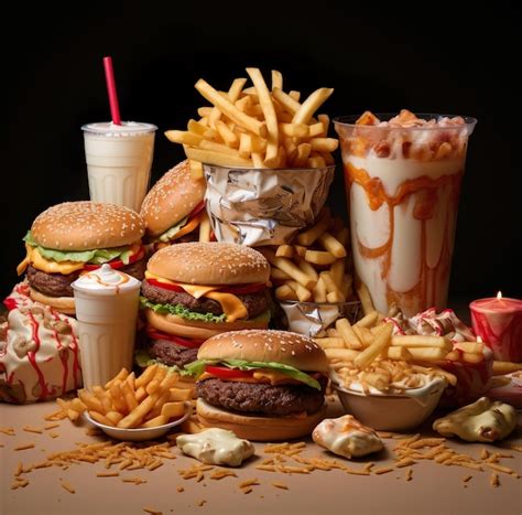 Premium Photo A Variety Of Food Including Burgers Fries And A Drink
