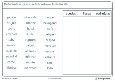 Ficha De Acentuaci N En La Que Deber S Colocar Cada Palabra En Su