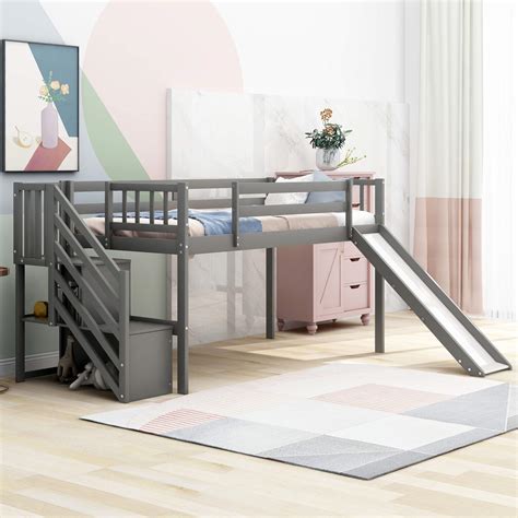 Buy Kids Low Loft Bed With Slide And Storage Twin Loft Bed Frame With