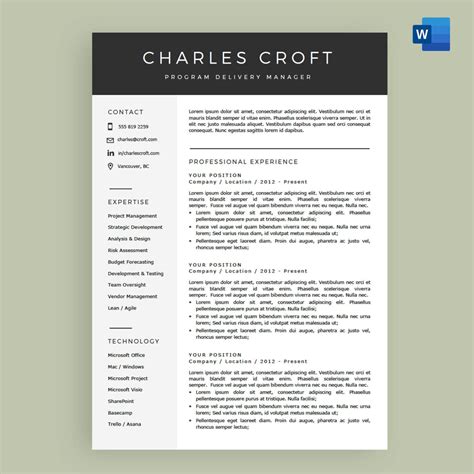 4 Page Resume Cv Template Package For Microsoft™ Word The Charlie