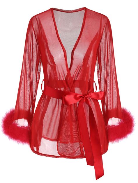 33 Off 2021 Plus Size See Thru Faux Fur Cuffs Belted Lingerie Robe