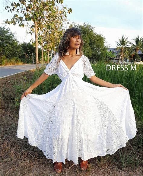 Boho Lace Maxi Dressraw Cotton Gown Romantic Maxi White Etsy