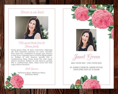 Funeral Program Template With Pink Flowers Celebration Of Etsy