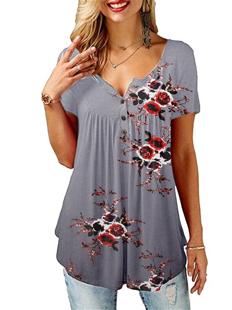 Ruewey Women Boho Floral Short Sleeve Blouse Plus Size Tops