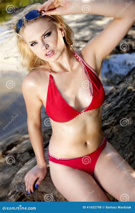 Beautiful Blonde Woman In Red Bikini Stock Photo Image Of Energy