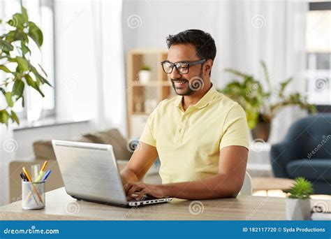 Indian Man With Laptop Working At Home Office Stock Photo Image Of