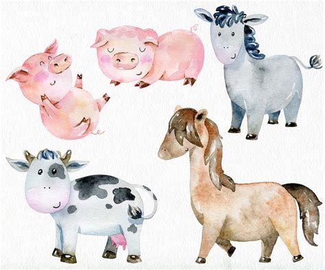 Watercolor Farm Animals Clipart Digital Download Animals Etsy