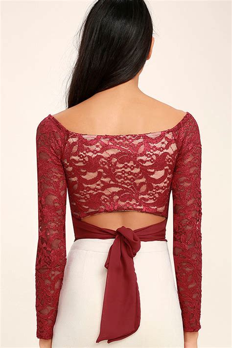 Sexy Wine Red Top Lace Crop Top Tying Crop Top 3600
