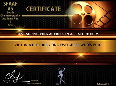 Certificate For My Award Win For Best Supporting Actress In A Feature Film One Two Guess Who
