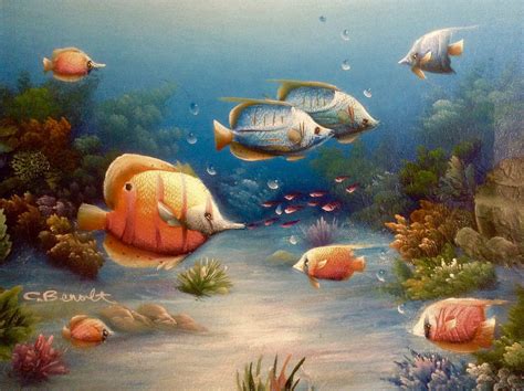 Charles Redmond Benolt Tropical Fish Oil Painting On Canvas Signed