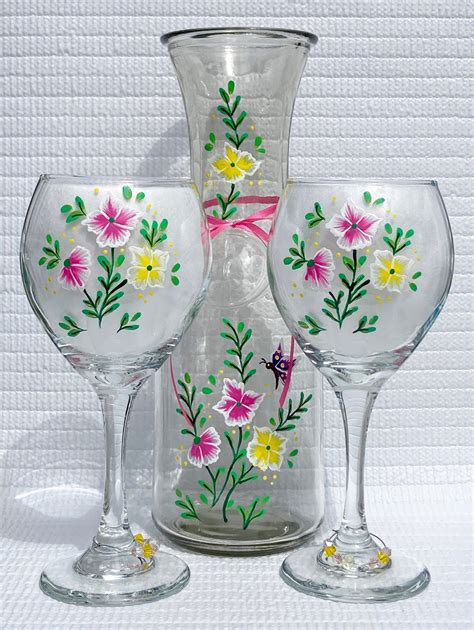 Carafe And Matching Wine Glasses Hand Painted Flowers 3 Piece Etsy Hand Painted Card Hand