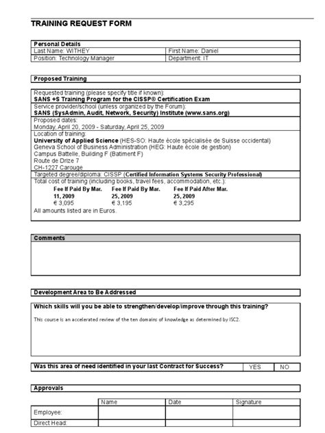 Employee Training Training Request Form Template