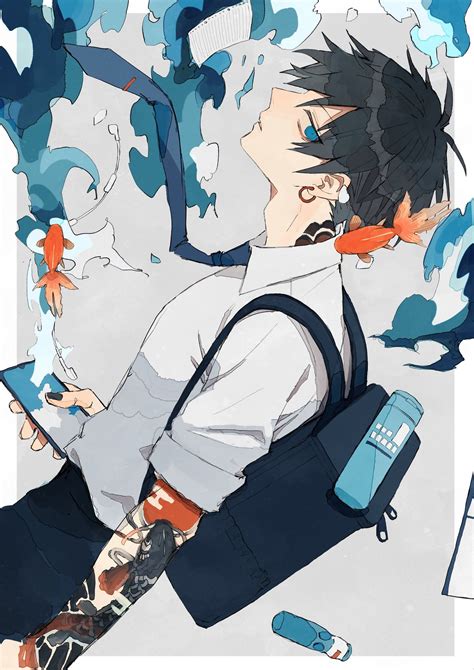 An Anime Character Holding A Cell Phone In His Right Hand And Looking