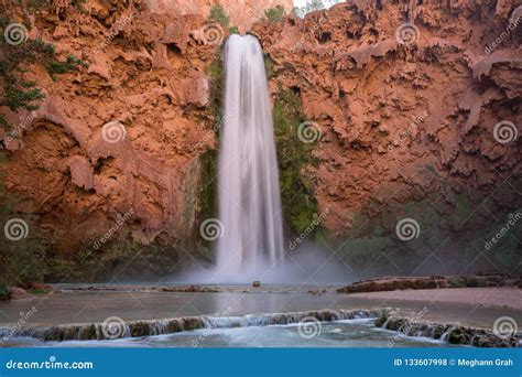 Famous Turquoise Mooney Falls Waterfall In Grand Canyon Stock Photo