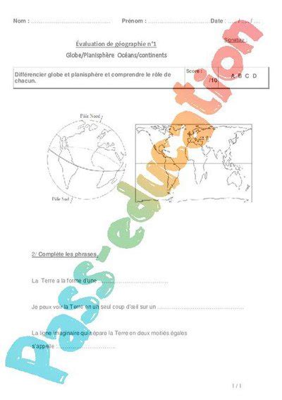 Globe Planisphère Océans Continents Evaluation Ce2 Par Pass