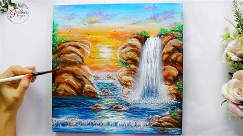 Step By Step Sunset Near A Waterfall Painting Painting For Beginners