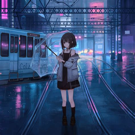 2048x2048 Anime Girl With Umbrella Under Neon Lights Tram Passing By