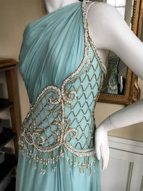 Bob Mackie One Shoulder Turquoise Goddess Gown With Fringe Pearl Embellishment Goddess Gown
