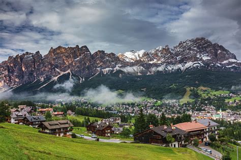 Cortina Dampezzo Town Panoramic View With Alpine Green Landscape And