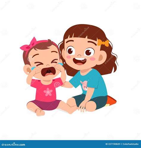Cute Little Girl Try To Comfort Crying Baby Sister Stock Vector