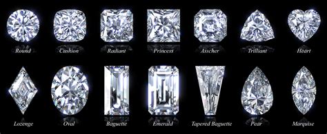 Fourteen Popular Diamond Shapes With Titles Isolated On Black