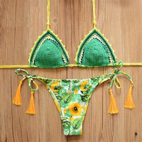 green sunflower tie up knit brazilian bikini set swimwear swimsuit handmade swimsuit crochet