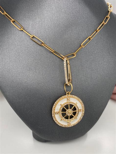 14 K Solid Italian Gold Real Diamonds And White Enamel Circle Nautical