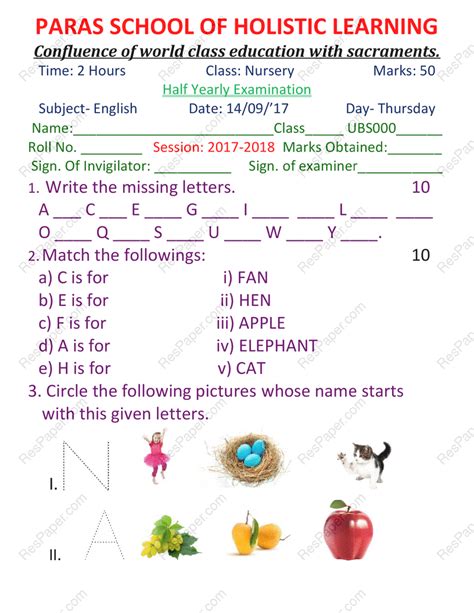 Nursery English Half Yearly Exam Paper Of Paras School ResPaper Exam Papers English