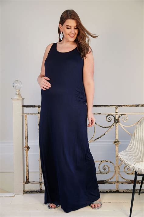 Bump It Up Maternity Navy Maxi Dress With Ruched Waist Side Detail Plus Size 16 To 30