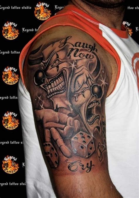 With so many badass designs to choose from and a choice of an upper arm, back, front, side, forearm, bicep, tricep or full sleeve tattoo, the arms are the ideal spot for most guys. Upper arm joker masks tattoo for men - Tattoos Book - 65 ...