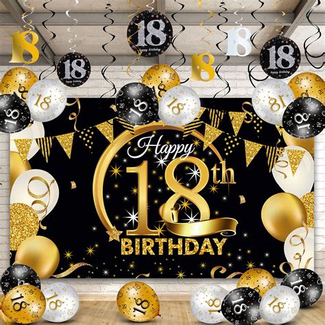 Buy Happy 18th Birthday Party Decorations Kit Black Gold Glittery Happy 18th Birthday Backdrop