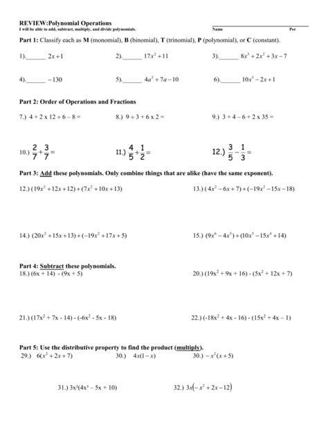Worksheet On Multiplying Polynomials