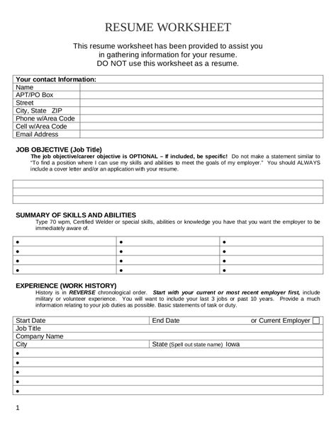 Resume Worksheet For Adults — Db