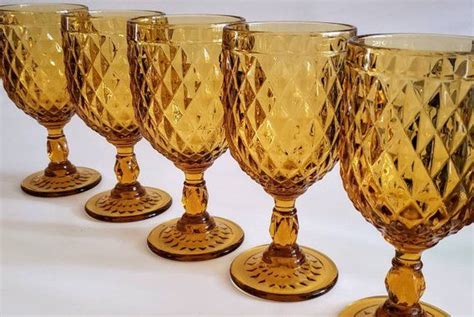 Vintage Amber Glass Water Goblets Diamond Pattern Heavy Set Of Etsy Amber Glass Water