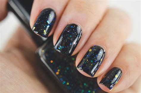 Black Nail Polish With Iridescent Glitter And Shimmer Squoval Nails