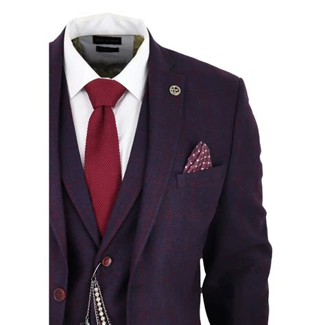 Mens 3 Piece Suit Wool Tweed Plum Wine Check 1920s Gatsby Truclothing