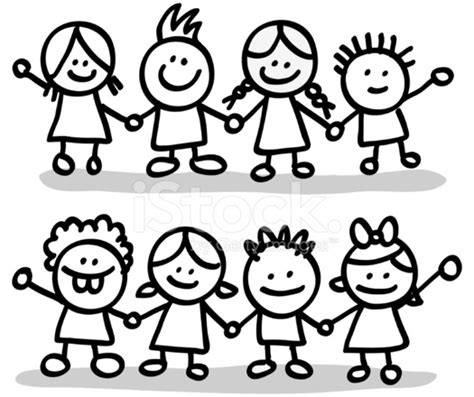 Lineart Happy Children Friends Group Holding Hands Cartoon Illus Stock