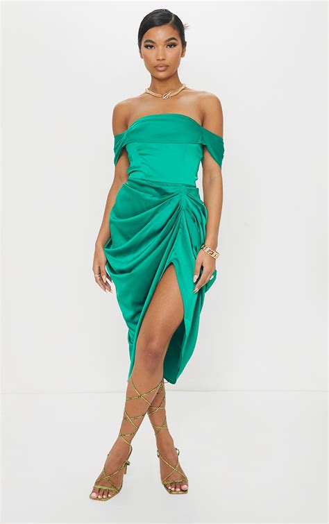 Emerald Green Satin Draped Bardot Midi Dress Prettylittlething Aus