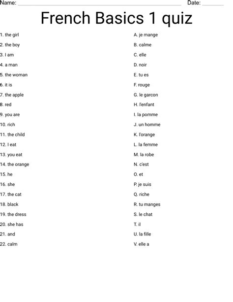 French Basics 1 Quiz Worksheet Wordmint