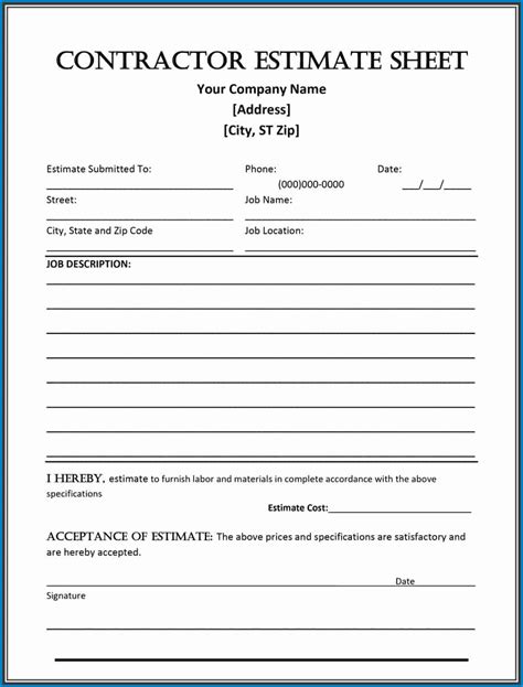 Printable Estimate Form Invoice Template
