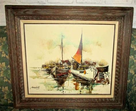 Vintage Fishing Boats Painting Sailboats Original Mid Century Etsy