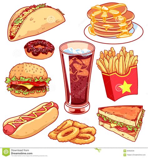 Set Of Cartoon Fast Food Icons On White Background Stock