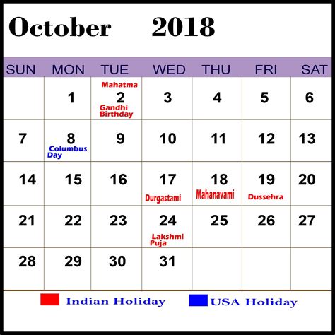 October 2018 Calendar With Usa Holidays
