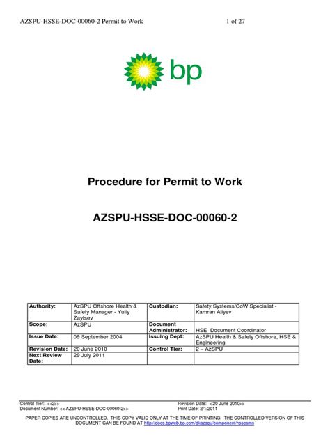 Azspu Ssow Permit To Work Procedure Pdf Occupational Safety And