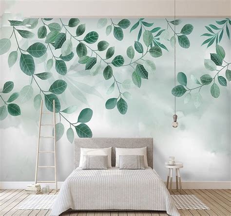 Spring Hanging Olive Green Leaves Wallpaper Wall Muralgreen Etsy