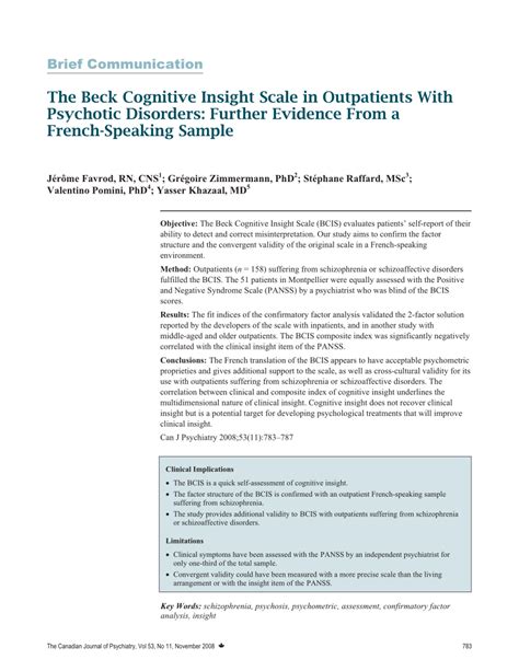 (PDF) The Beck Cognitive Insight Scale in Outpatients with Psychotic Disorders: Further Evidence ...