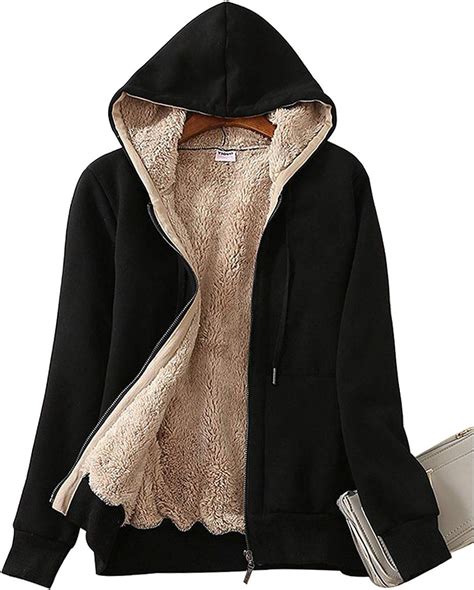 Ladies Plain Hoodie Winter Warm Fleece Lined Zip Up Jacket Coat For