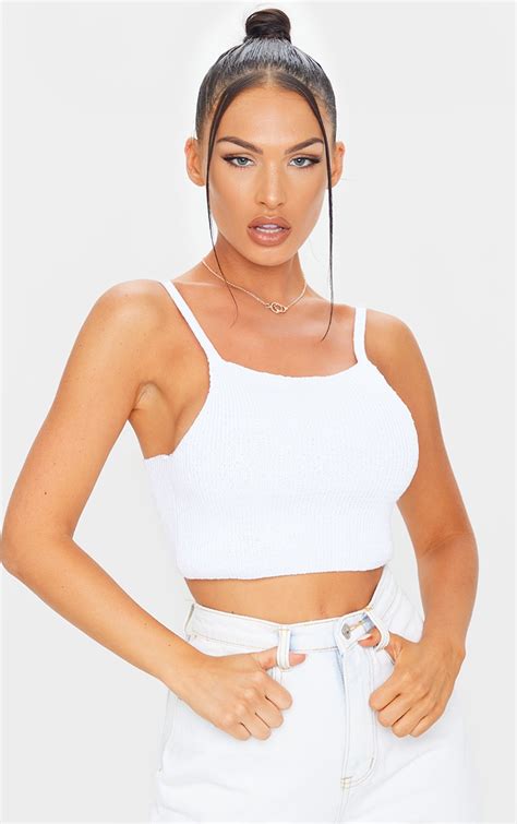 white knit strappy high neck crop top prettylittlething ie