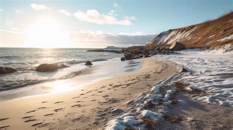 Premium Ai Image Norwegian Beach At Sunset With Snow A 32k Uhd