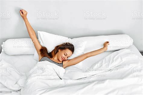 Morning Wake Up Woman Waking Stretching In Bed Healthy Lifestyle Stock